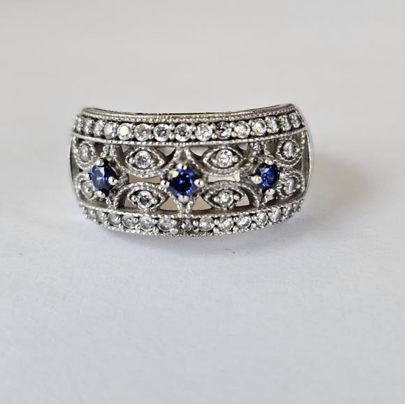 Genuine Blue Sapphire & White Zircon Art Deco Ring Sterling Silver Sz 7.5 - Picture 1 of 7
